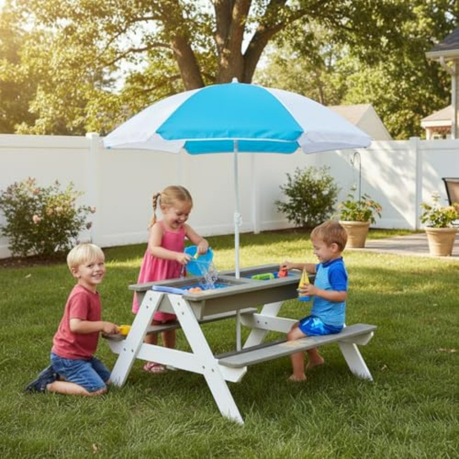 Kids Outdoor Table With Umbrella - Outdoor kids picnic table, 3-in-1 wooden