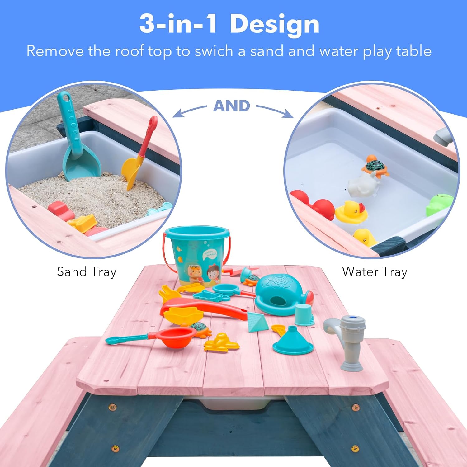 Kids 3-in-1 Sand & Water Table - Kids Outdoor Table With Umbrella 评论和价格