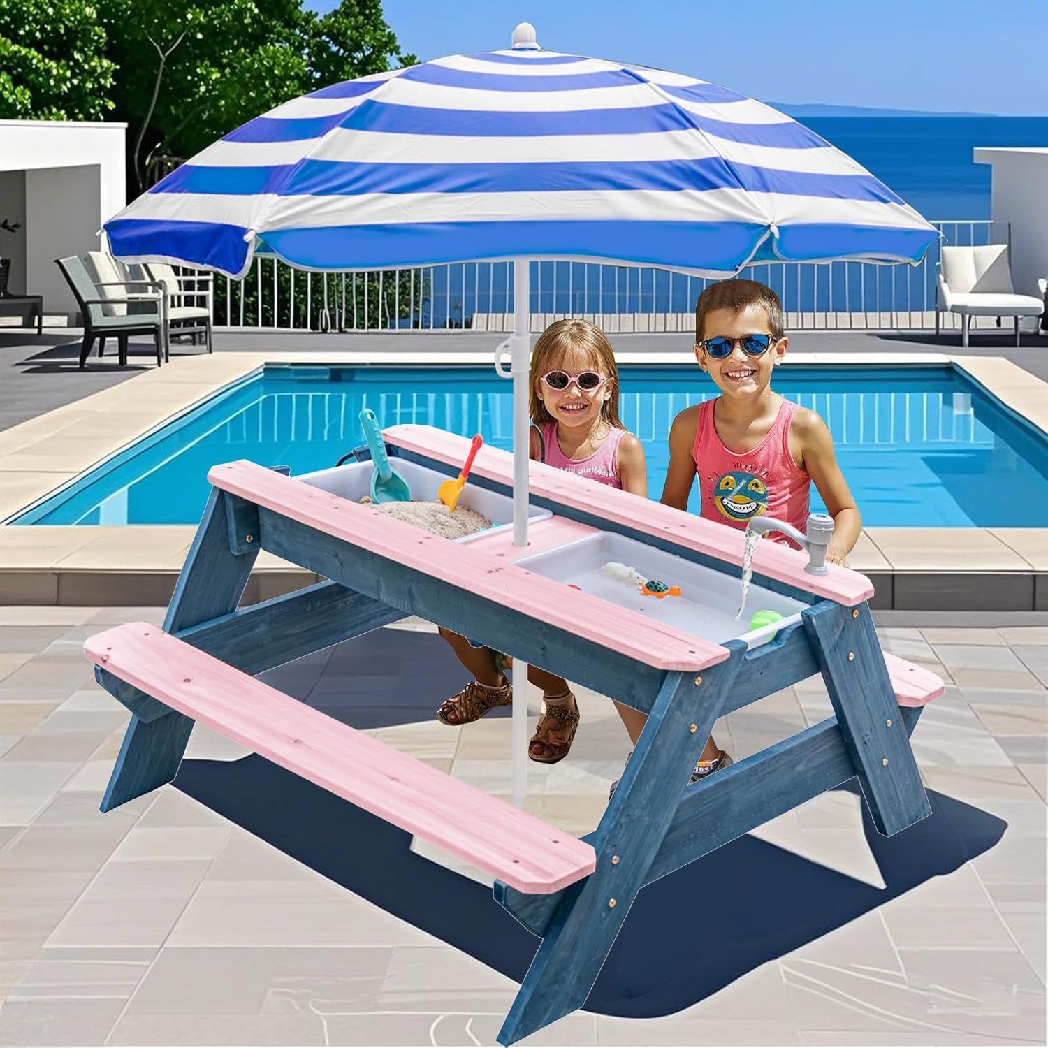 Kids 3-in-1 Sand & Water Table - Kids Outdoor Table With Umbrella 评论和价格