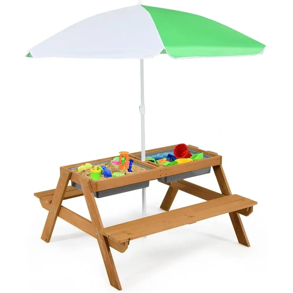 4-in-1 Wooden Sand & Water Pic - Kids Outdoor Table With Umbrella 评论和价格