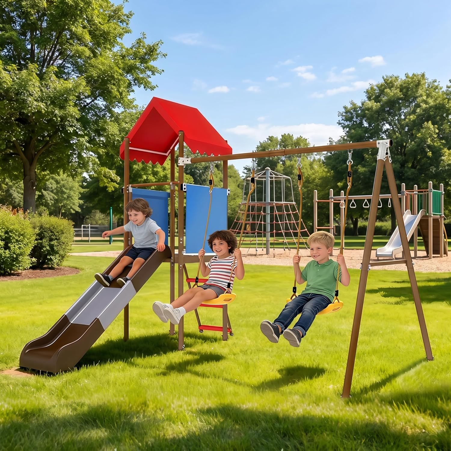 Metal Swing Set for Kids with  - Kids Outdoor Swing And Slide 评论和价格