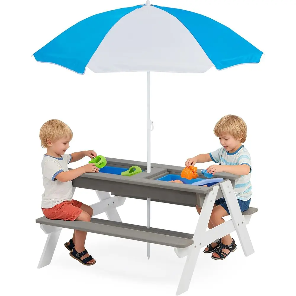 Convertible 3-in-1 Wooden Picn - Kids Outdoor Table With Umbrella 评论和价格