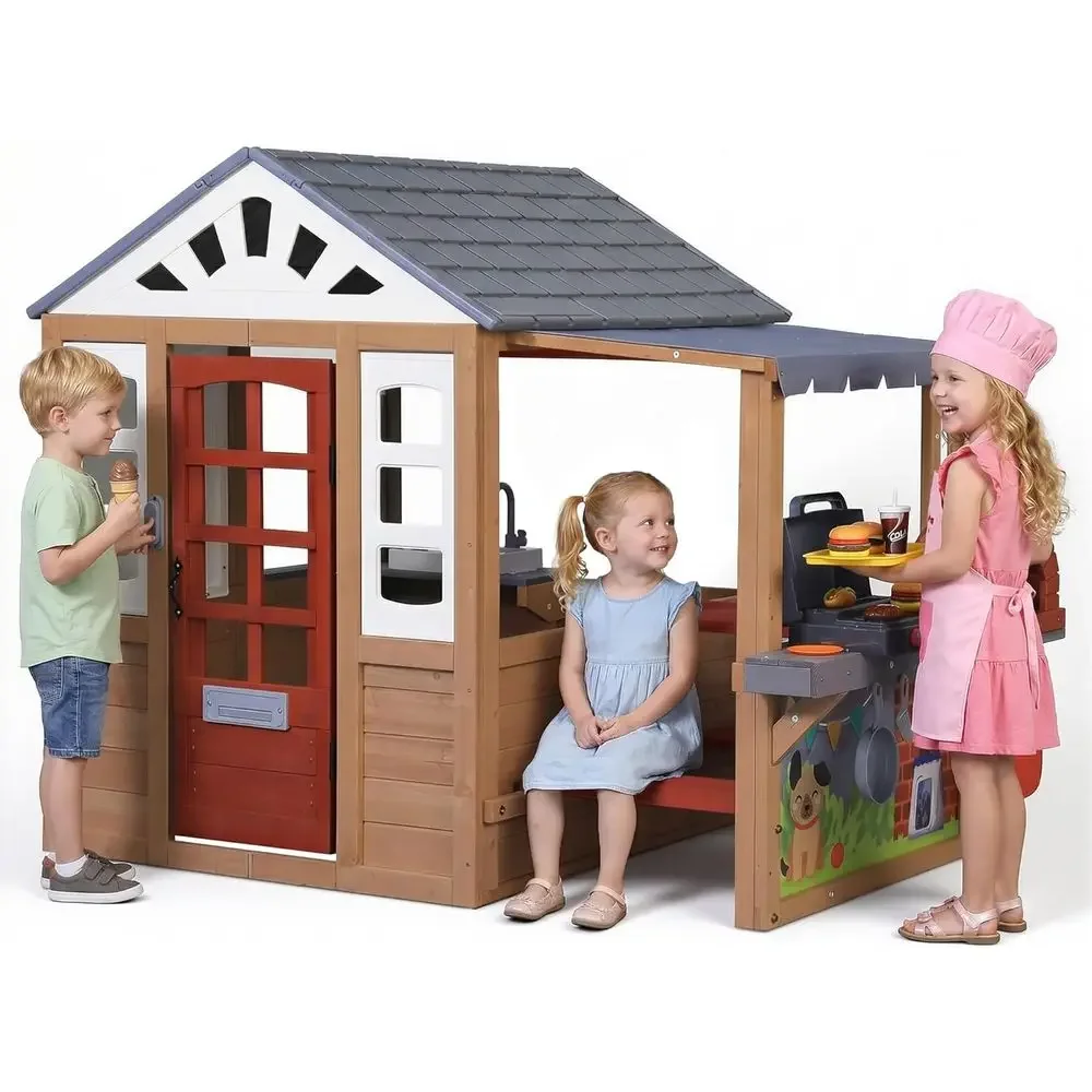 Kids Outdoor Wooden Playhouse, - Kids Outdoor House With Kitchen 评论和价格