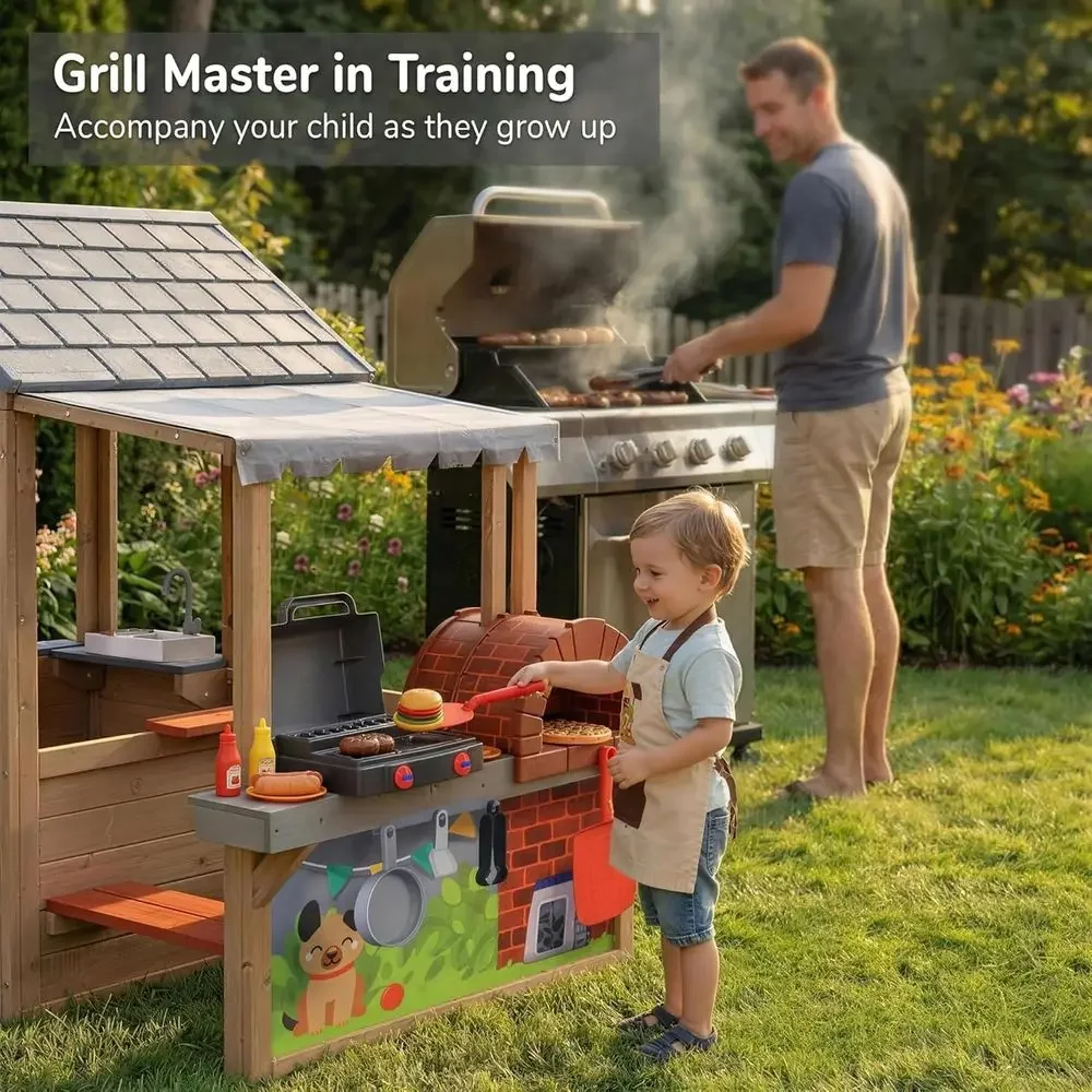 Kids Outdoor Wooden Playhouse, - Kids Outdoor House With Kitchen 评论和价格