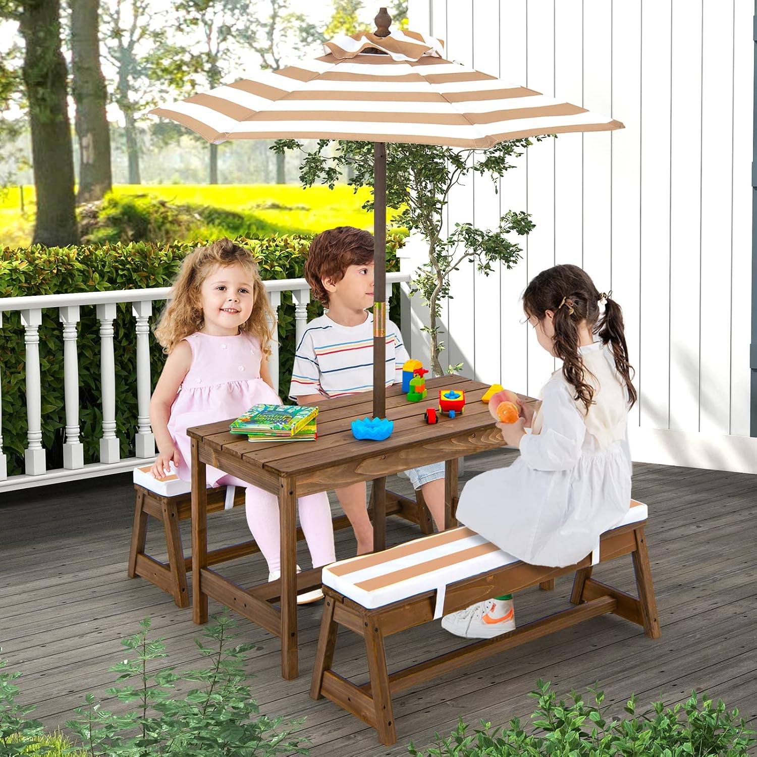 Wooden Kids Picnic Table for T - Kids Outdoor Table With Umbrella 评论和价格