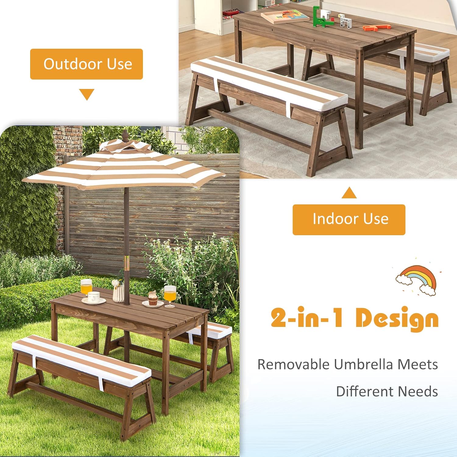 Wooden Kids Picnic Table for T - Kids Outdoor Table With Umbrella 评论和价格