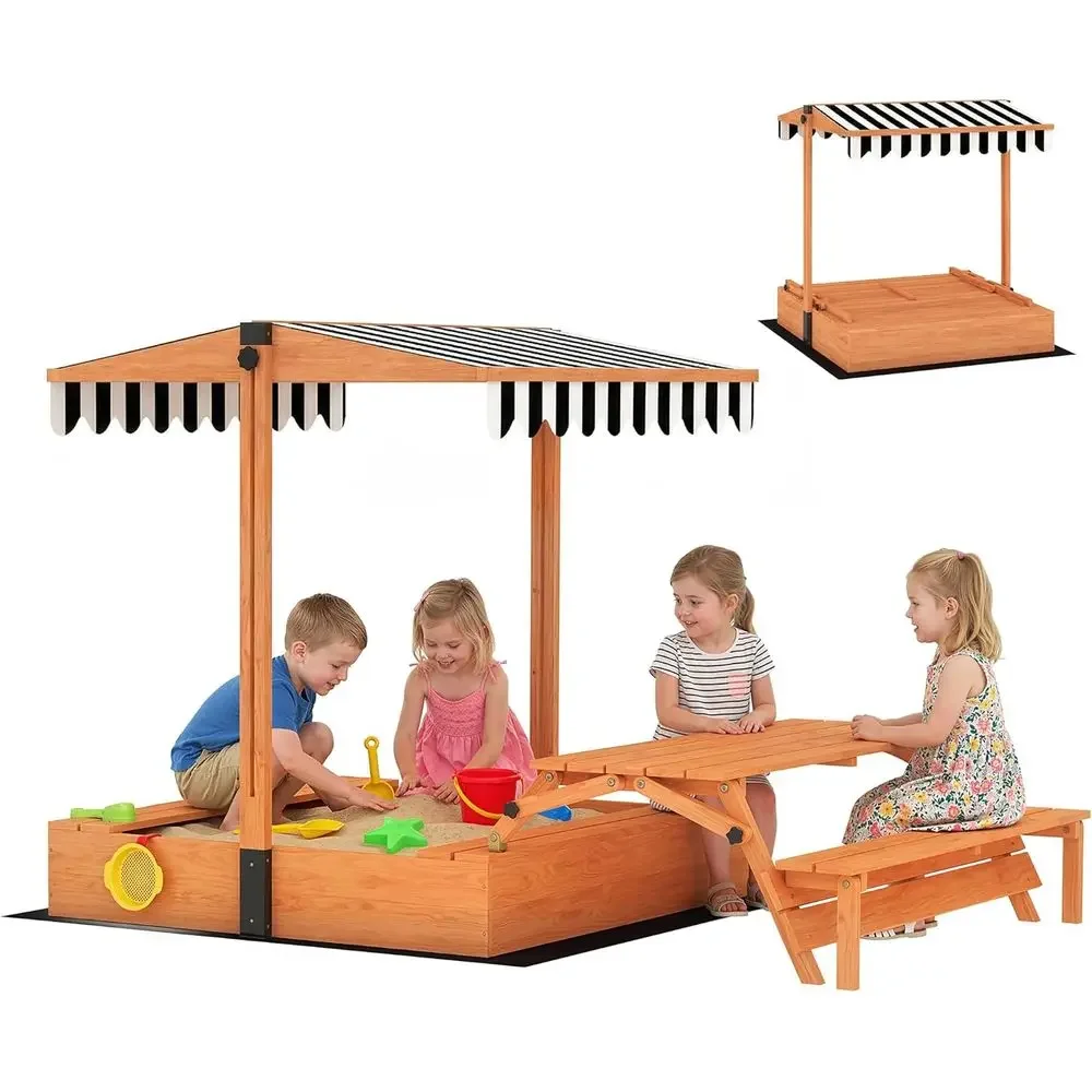 Qaba Kids Sandbox with Lid, Wo - Kids Outdoor Bench Table 评论和价格
