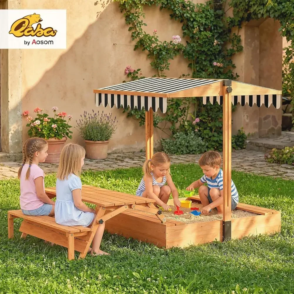 Qaba Kids Sandbox with Lid, Wo - Kids Outdoor Bench Table 评论和价格