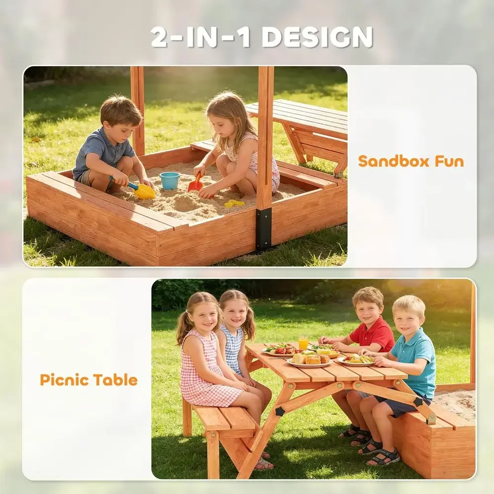 Qaba Kids Sandbox with Lid, Wo - Kids Outdoor Bench Table 评论和价格