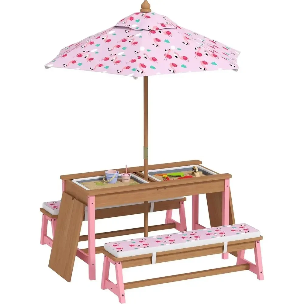Wooden Picnic Table Set with U - Kids Outdoor Table With Umbrella 评论和价格
