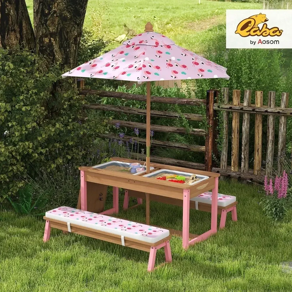 Wooden Picnic Table Set with U - Kids Outdoor Table With Umbrella 评论和价格