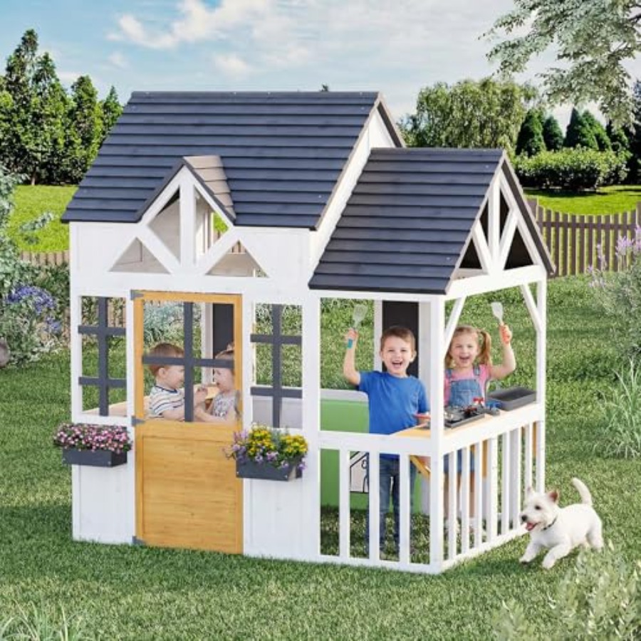 Outdoor Wooden Play House For  - Kids Outdoor House With Kitchen 评论和价格
