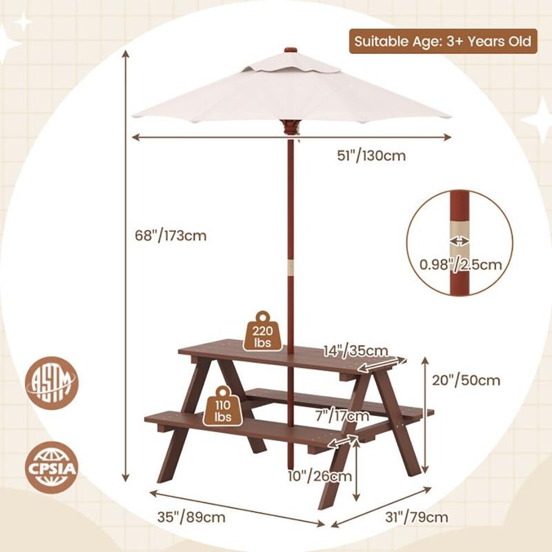 Outdoor 4-Seat Kids Picnic Tab - Kids Outdoor Table With Umbrella 评论和价格
