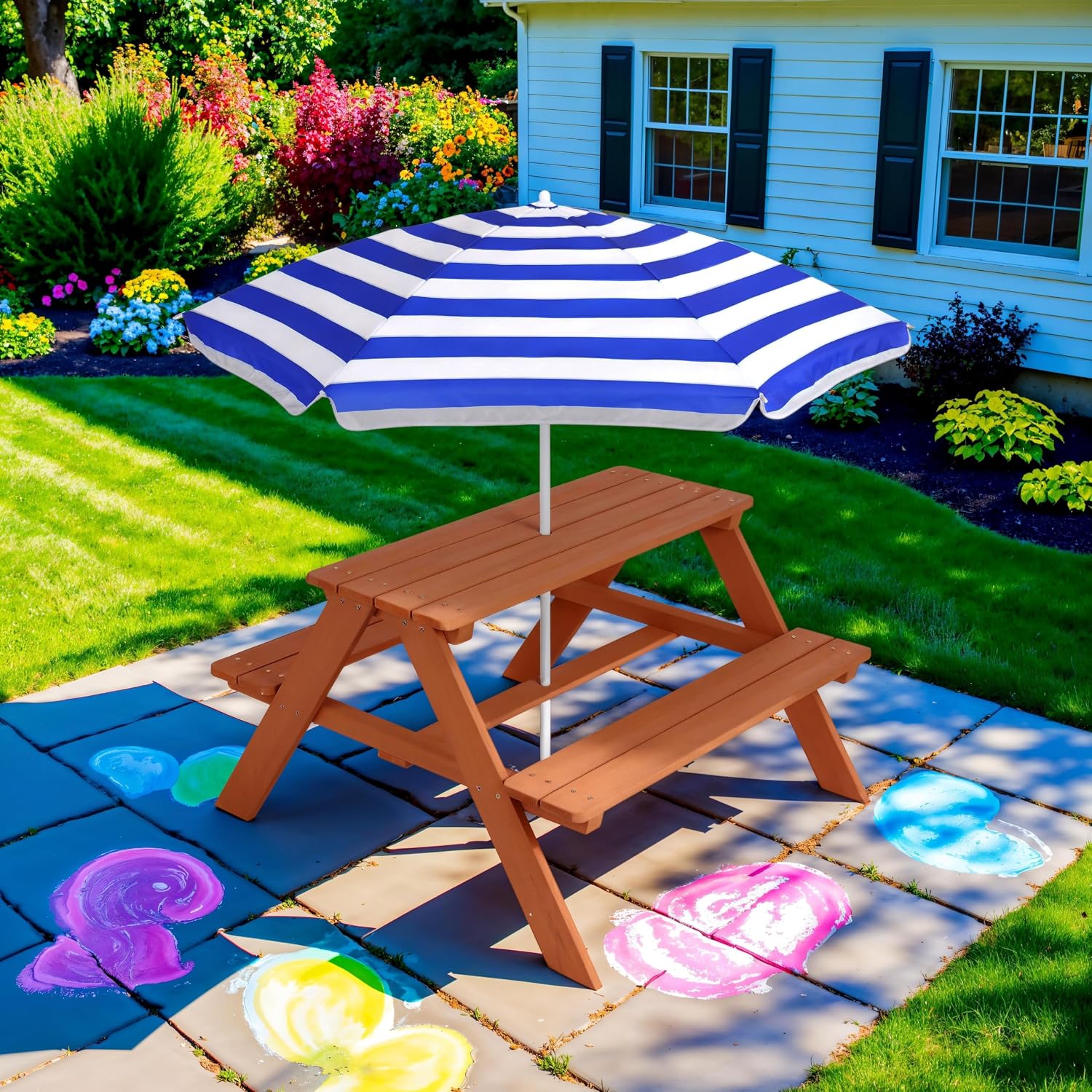 Wooden Kids Picnic Table with  - Kids Outdoor Table With Umbrella 评论和价格