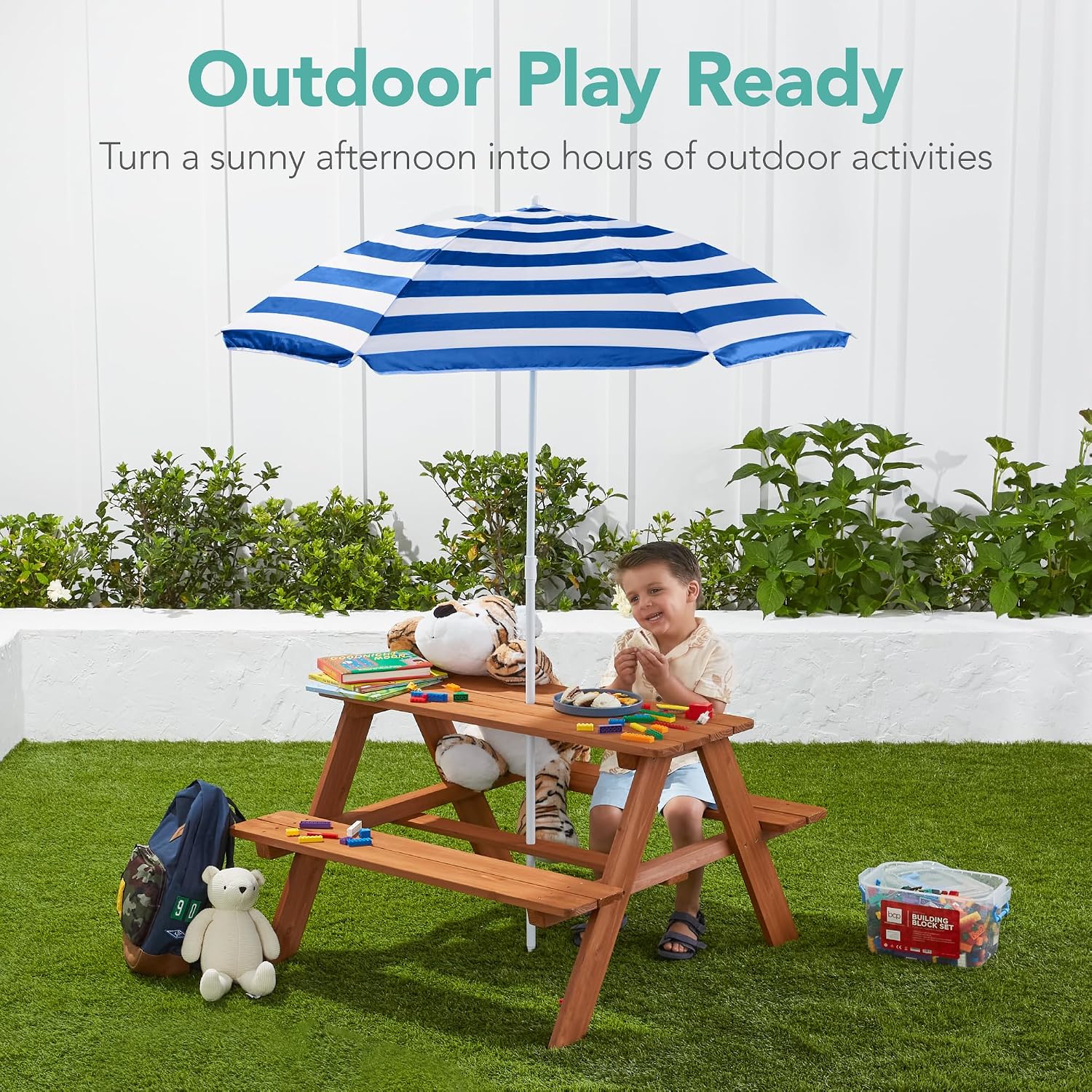 Wooden Kids Picnic Table with  - Kids Outdoor Table With Umbrella 评论和价格