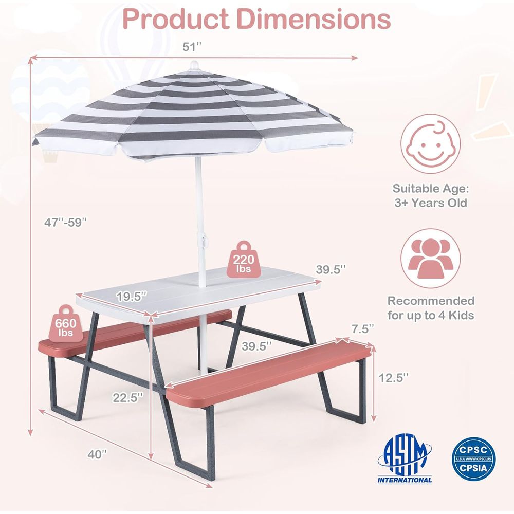 Kids Picnic Table, Toddler Out - Kids Outdoor Table With Umbrella 评论和价格
